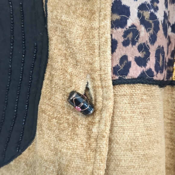 Black Cat Blazer Jacket Women's Medium Tan Patchwork Bead Embroidery Button - Picture 4 of 15